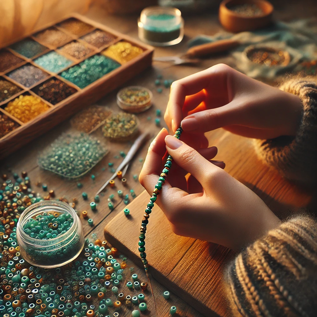 DALL·E 2025-02-15 23.49.31 - A close-up of hands carefully making a beaded bracelet with tiny Miyuki beads in various shades of turquoise, green, blue, yellow, brown, and golden.
